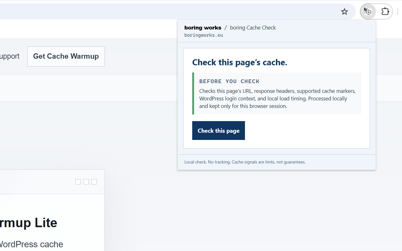 boring Cache Check initial popup with disclosure and Check this page button