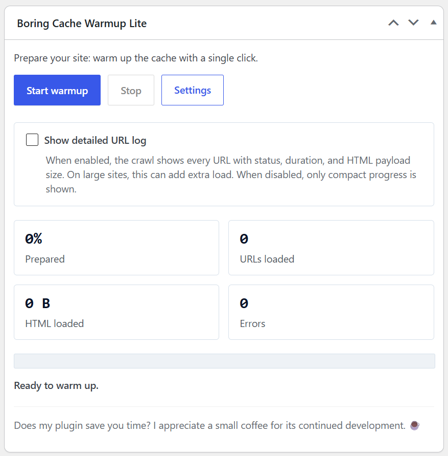 boring Cache Warmup Lite dashboard widget