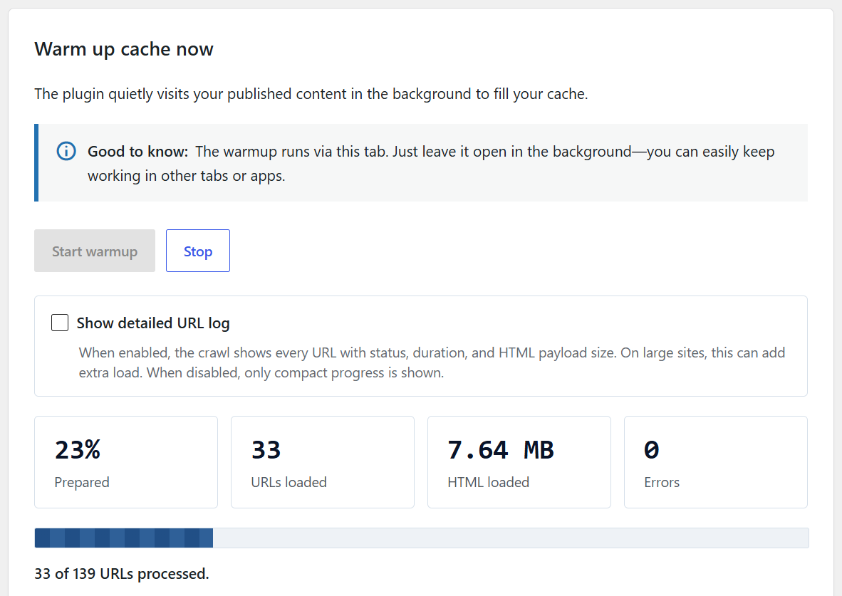 boring Cache Warmup Lite showing warmup progress in compact view