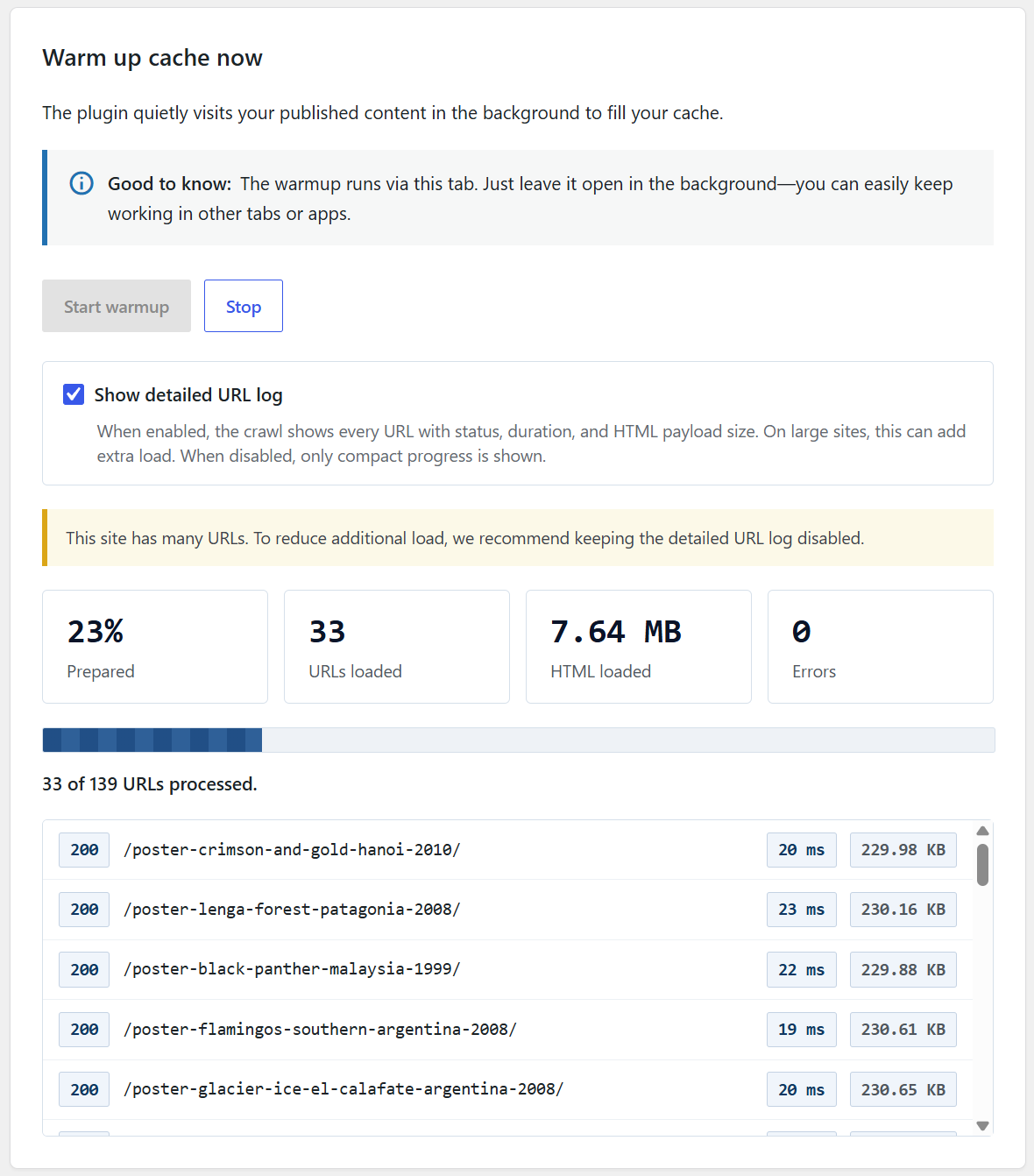 boring Cache Warmup Lite detailed live URL log during a warmup run