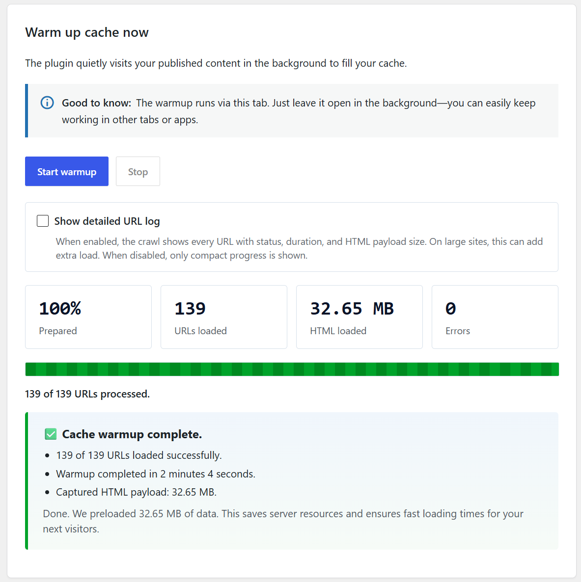 boring Cache Warmup Lite showing a successful completed warmup run in WordPress
