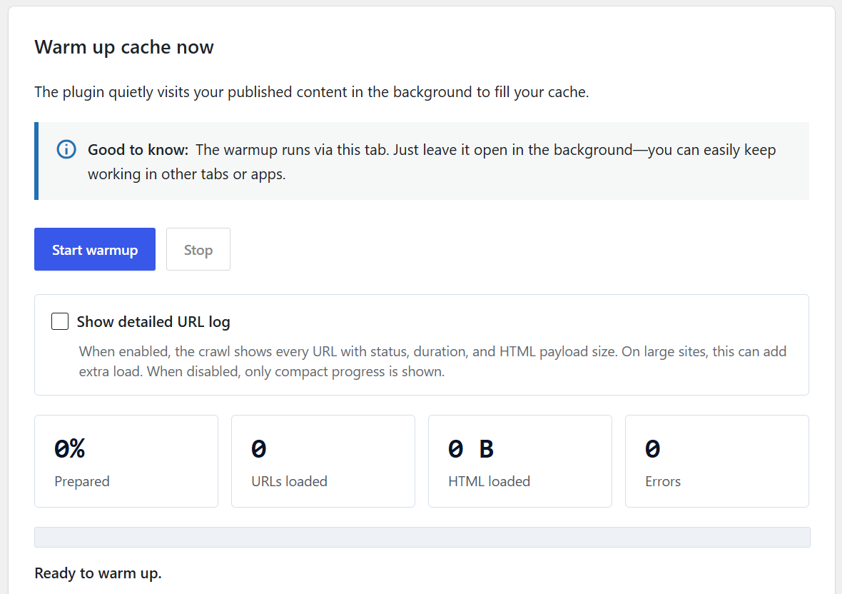 boring Cache Warmup Lite settings page before starting a warmup run